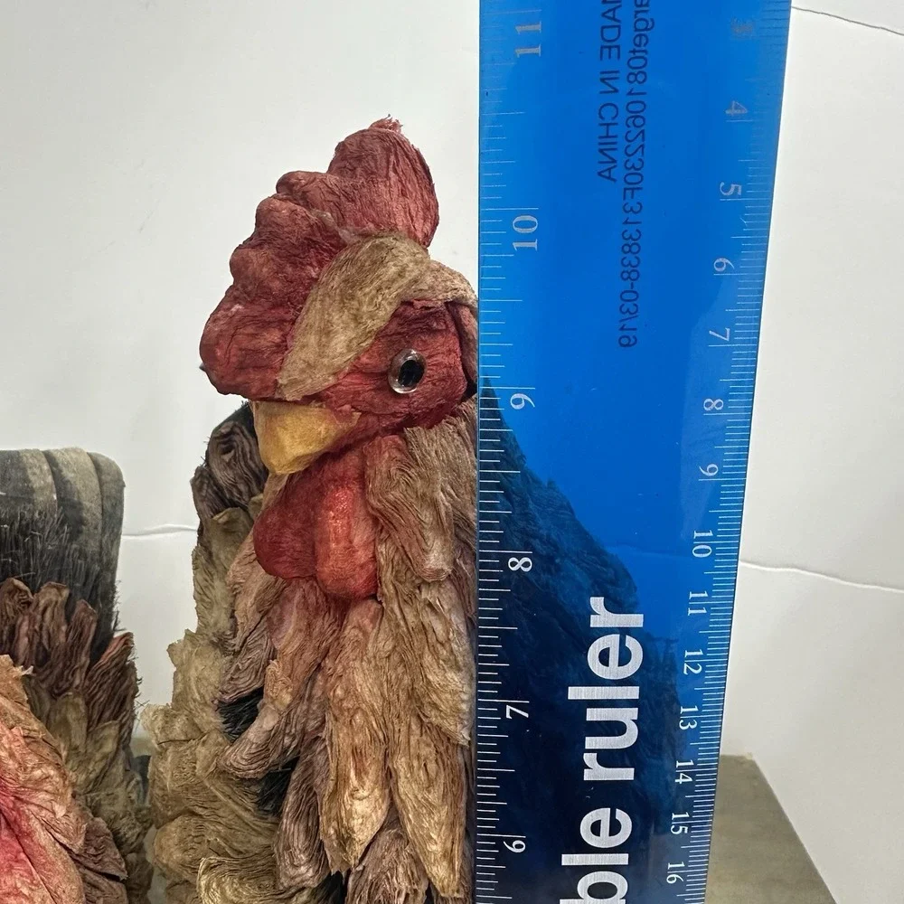 Set / 2 Vintage Paper Mache Rooster Chicken Hen Multi-colored Raffia Lightweight